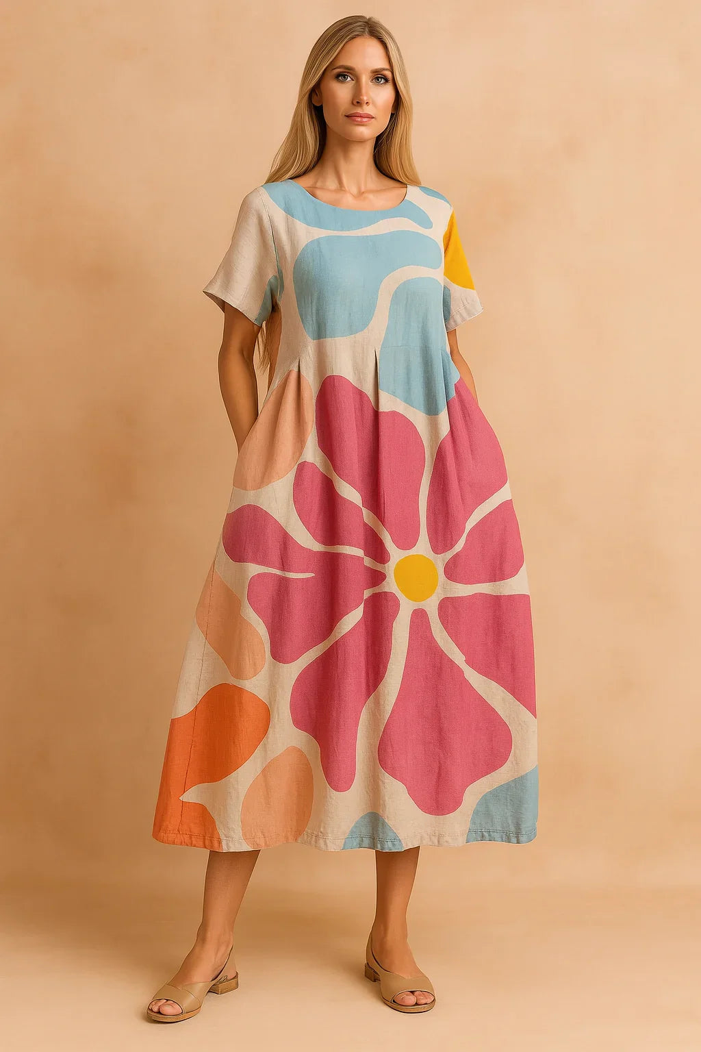 Modelka w kolorowej sukience boho LOTTIE z motywem kwiatowym