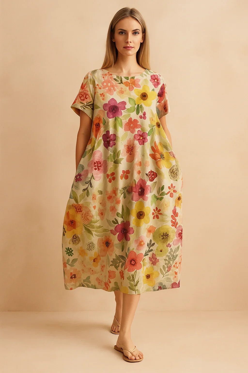 Elegancka sukienka damska midi w stylu boho z motywem kwiatowym, zbliżenie na materiał
