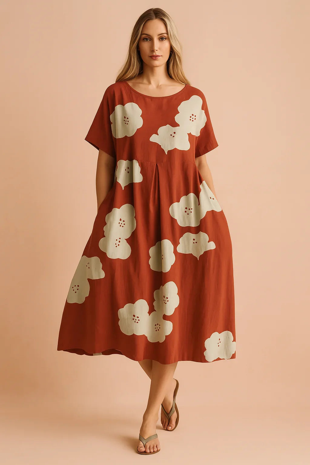 Letnia sukienka damska w stylu boho, wzór kwiatowy na zwiewnym materiale midi