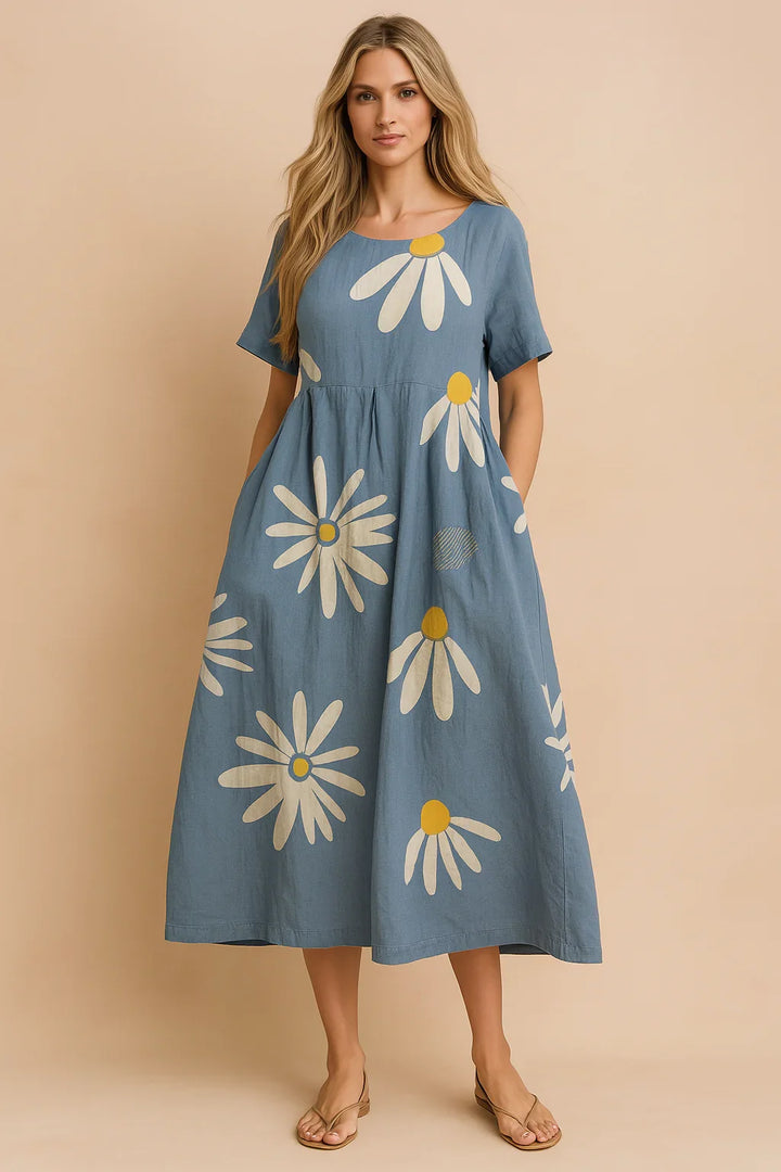 Elegancka sukienka damska midi w kwiaty boho, aranżacja z dodatkami
