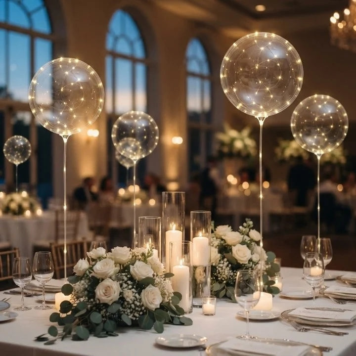 Eleganckie balony LED udekorowane na weselnym stole bankietowym