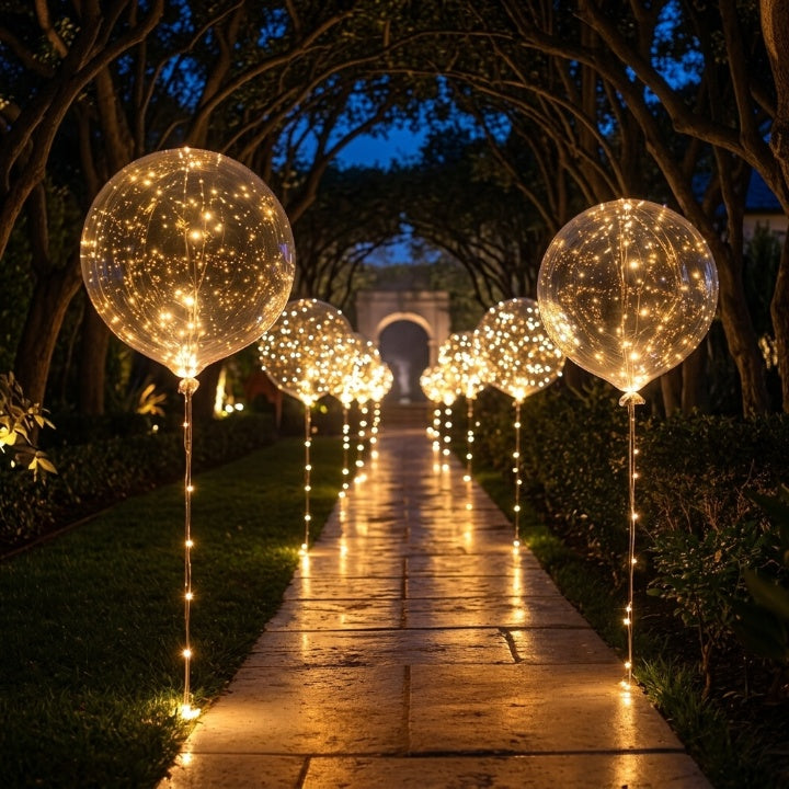 Świecące balony LED oświetlające ścieżkę w ogrodzie wieczorem