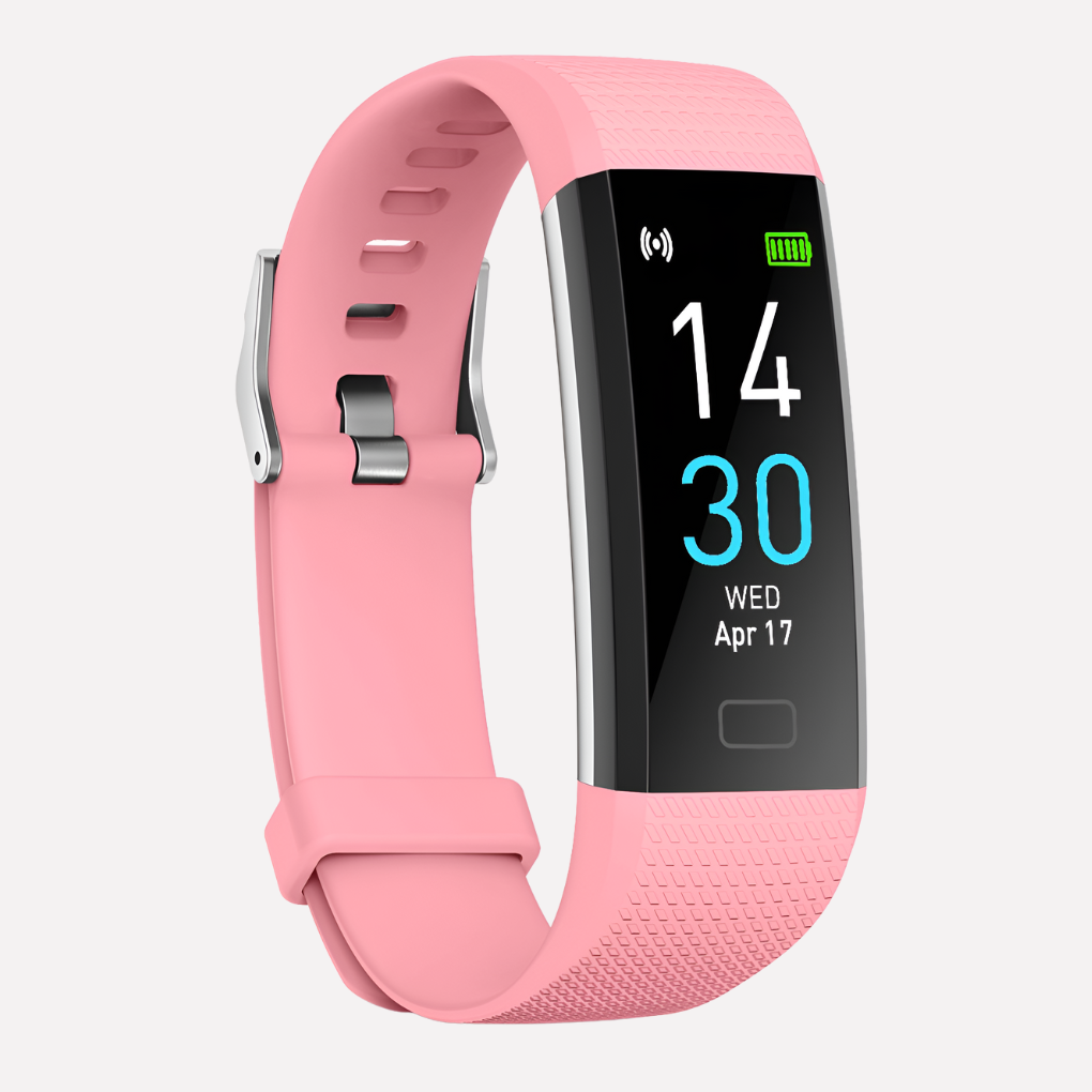 Sportowa opaska smartwatch z monitorem snu i ciśnienia krwi w eleganckim etui