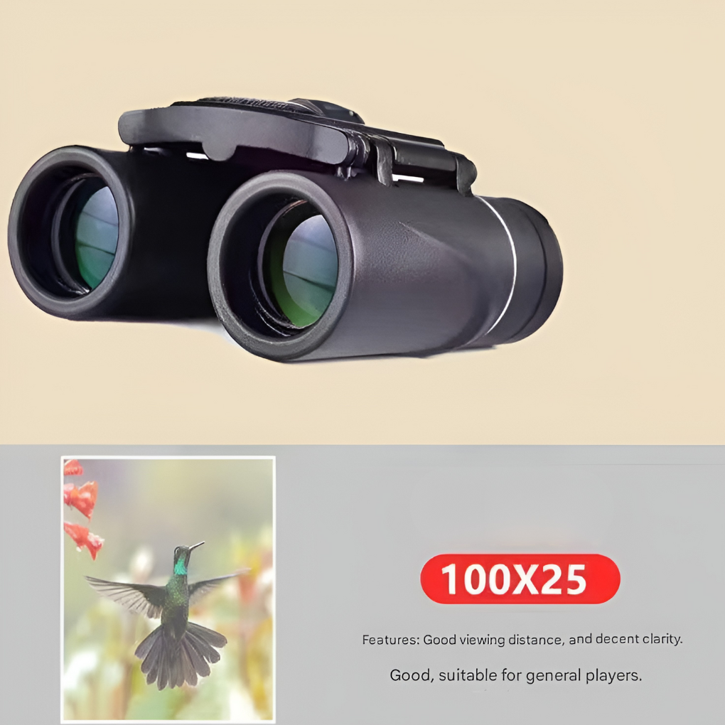 Kompaktowa składana lornetka 100x25 w kolorze czarnym z widoczną optyką