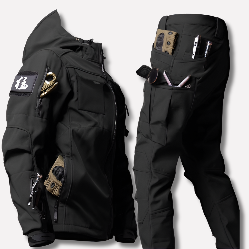Czarno-szary męski zestaw outdoorowy softshell do trekkingu i górskich wędrówek