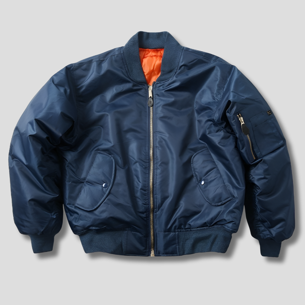 Niebieska kurtka bomber unisex z pomarańczową podszewką