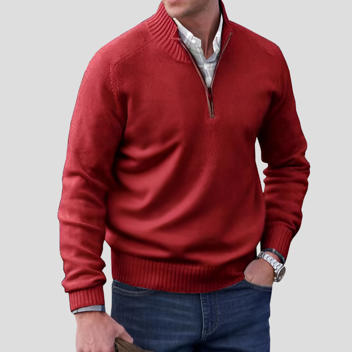 Stylowy sweter męski rozsuwany na zamek, widok z bliska na splot