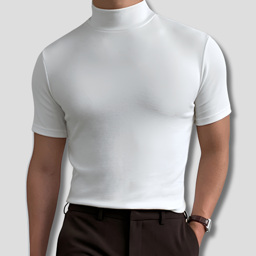 Męski biały t-shirt z golfem i krótkim rękawem
