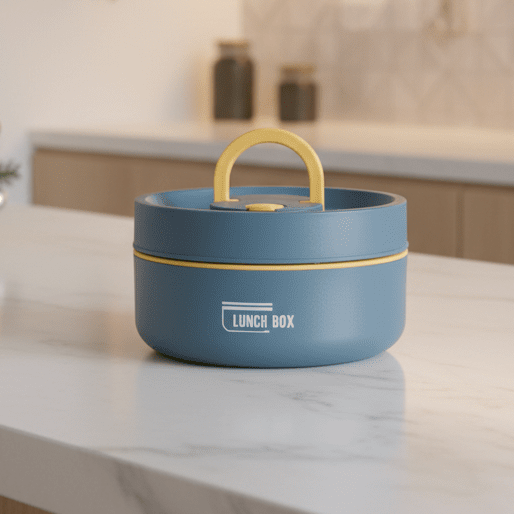 Niebieski izolowany lunchbox termiczny z uchwytem na blacie kuchennym