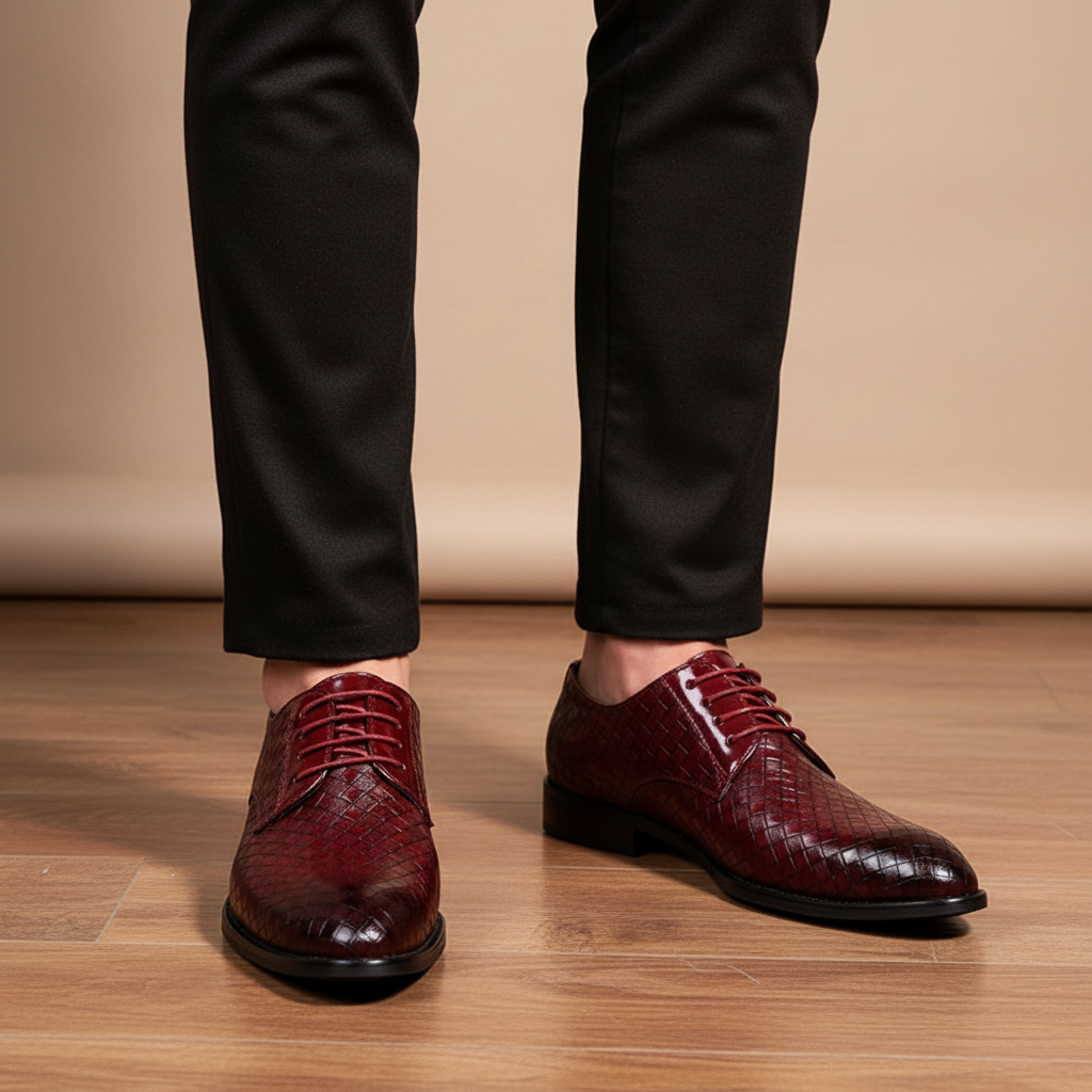 Męskie eleganckie buty Gordon w kolorze bordowym prezentowane na nogach
