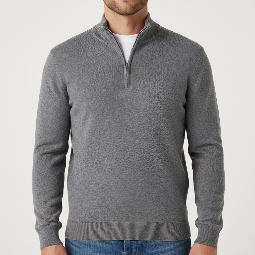 Męski elegancki sweter z zamkiem i stójką, tył odzieży