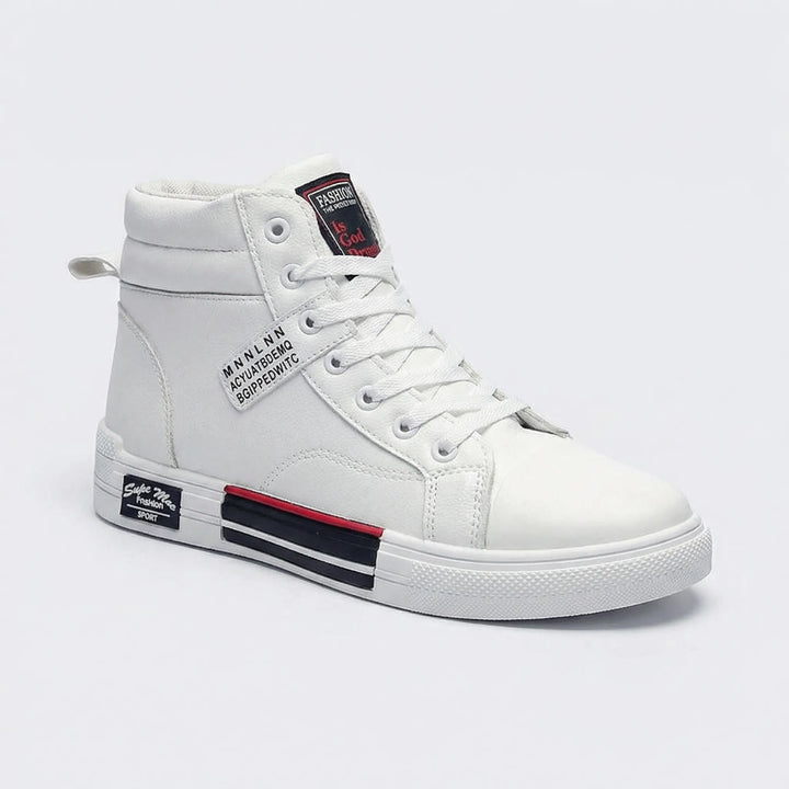 Białe wysokie męskie trampki za kostkę Tommie w stylizacji streetwear, modne buty casual