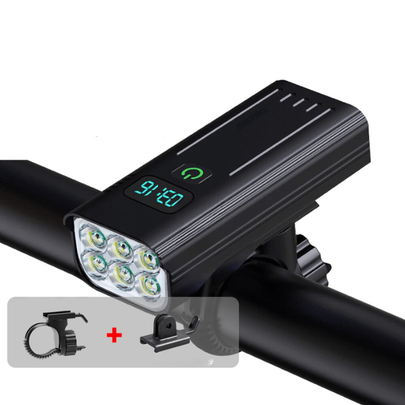 Czarna lampa rowerowa LED zamontowana na kierownicy z uchwytami