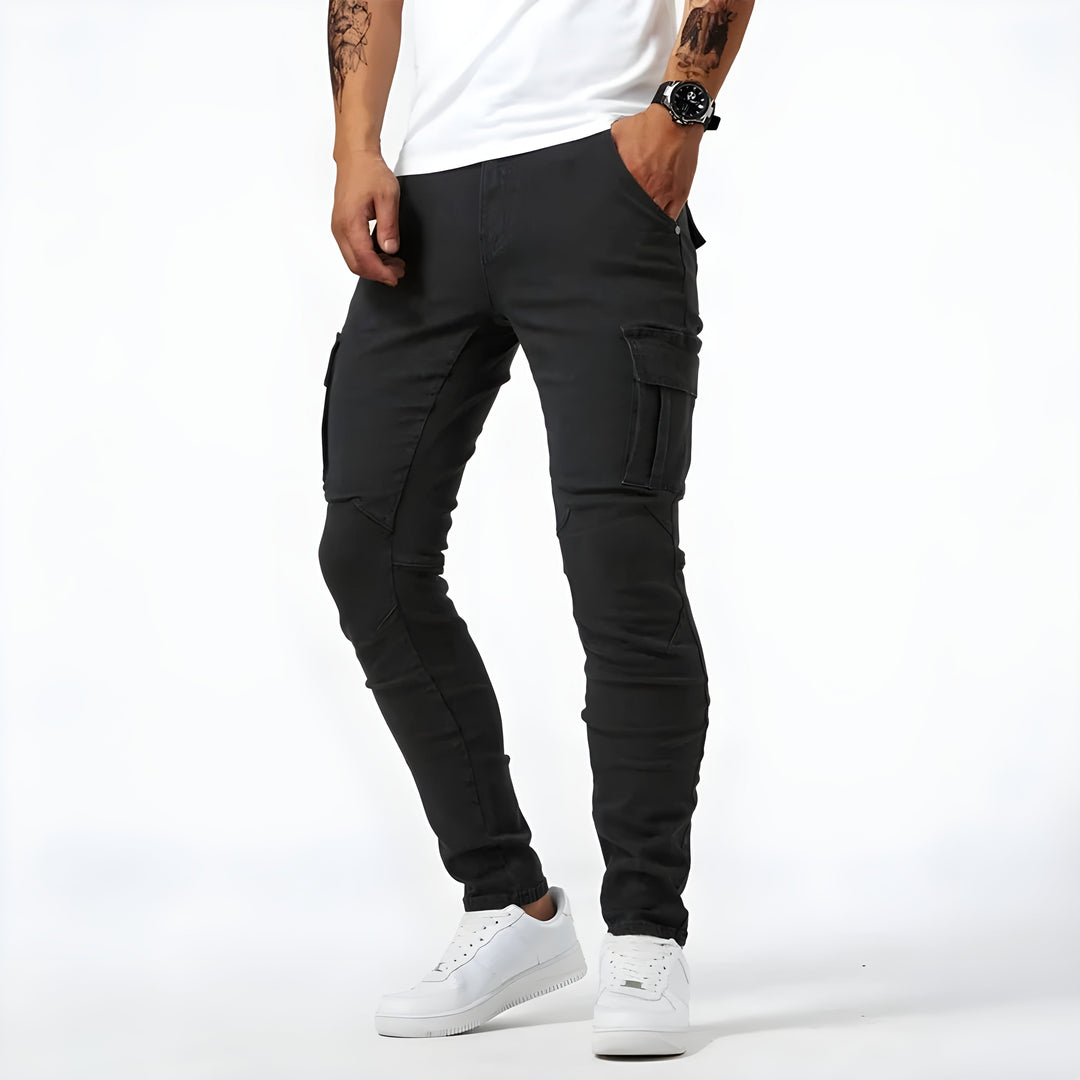 Niebieskie spodnie męskie cargo o kroju slim fit