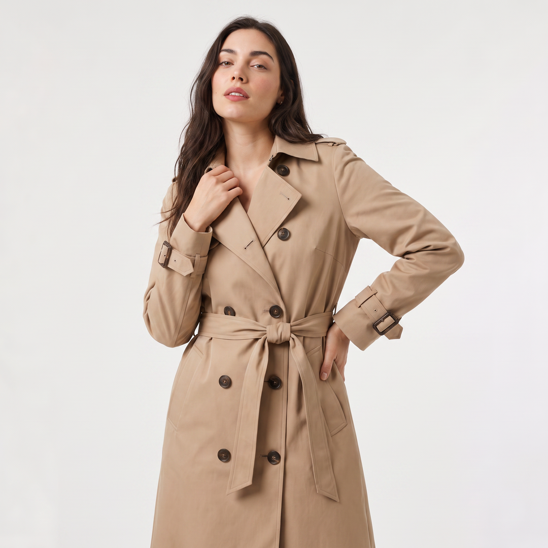 Zbliżenie na elegancki kołnierz i zapięcie damskiego płaszcza trench
