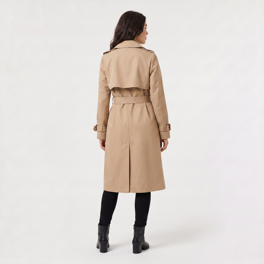Stylowy płaszcz damski typu trench z kołnierzem i klapami