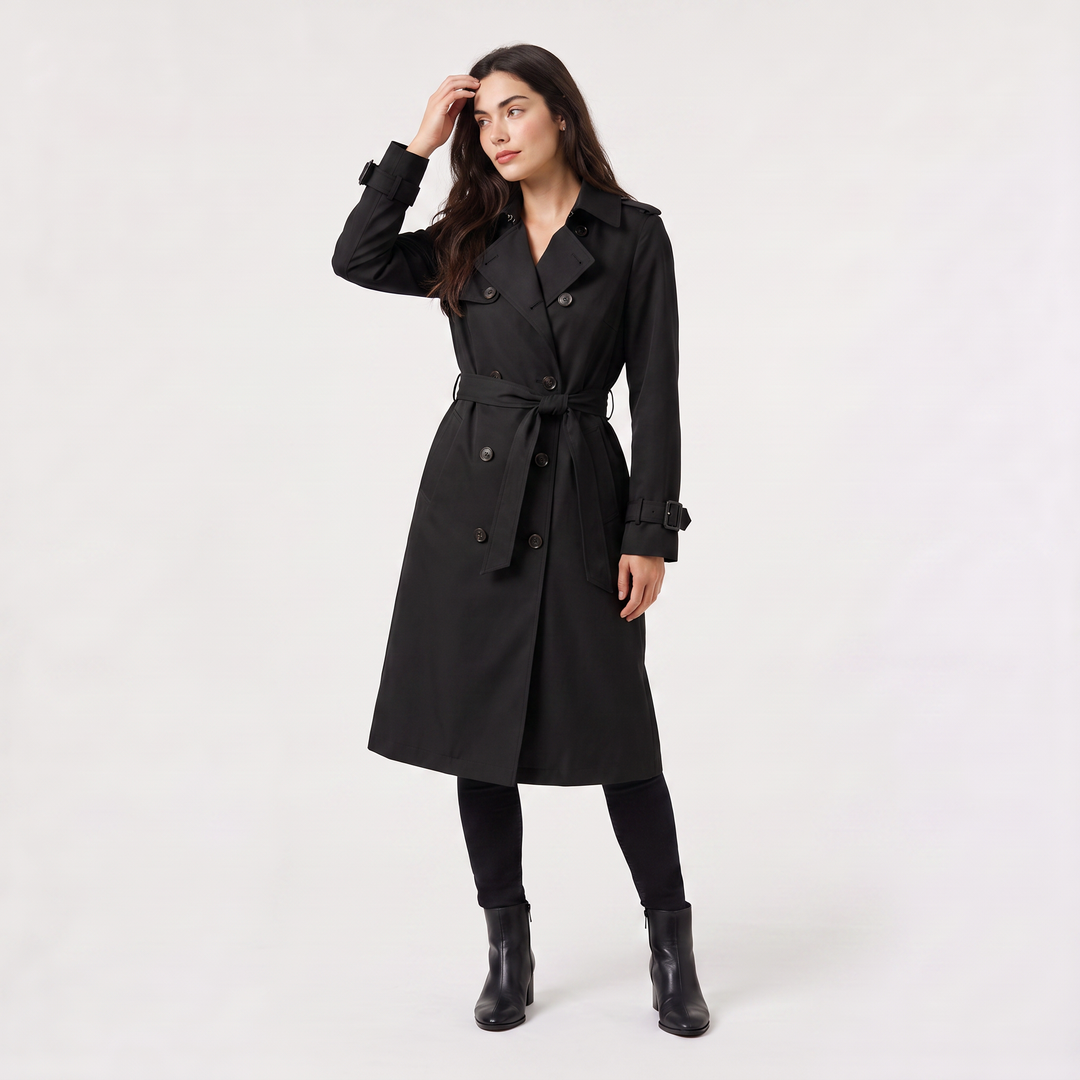 Modny czarny trench damski o klasycznym kroju z kieszeniami