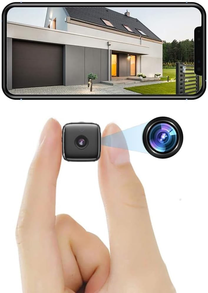 Miniatura bezprzewodowej kamery wewnętrznej trzymanej w dłoni z widokiem na smartfon