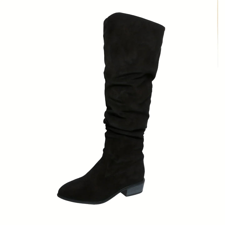 Modne buty zimowe damskie wysokie kozaki w kolorze czarnym od tyłu
