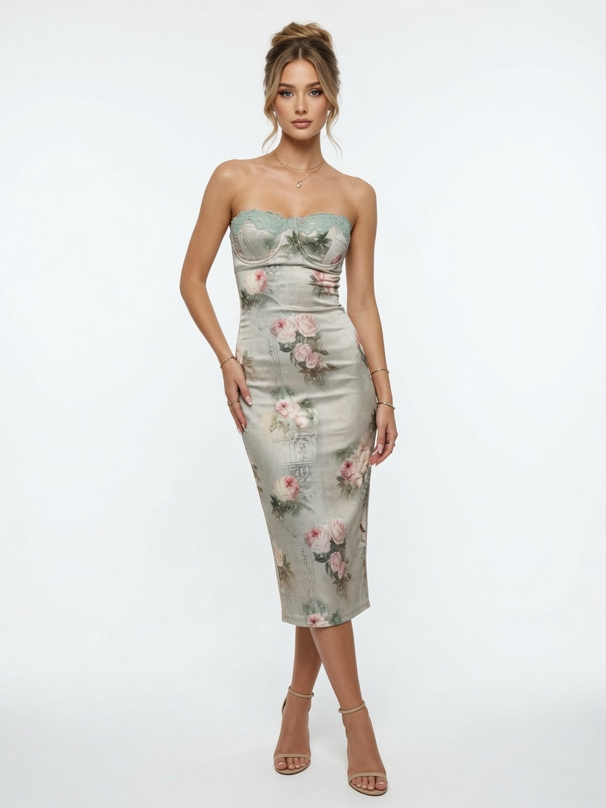Elegancka damska satynowa sukienka midi z gorsetem w kwiatowy wzór na wesele