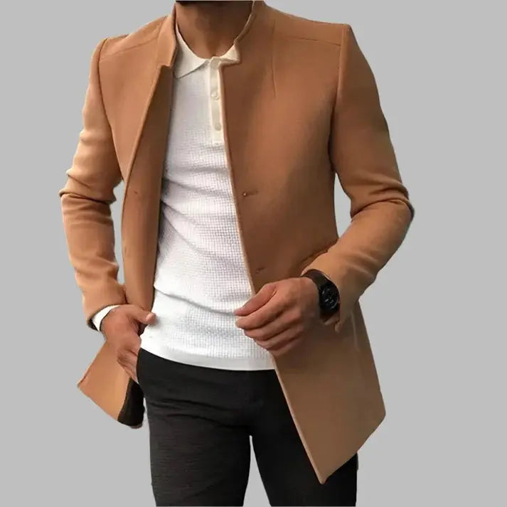 Elegancka kurtka męska, stylizacja z płaszczem bez kołnierza