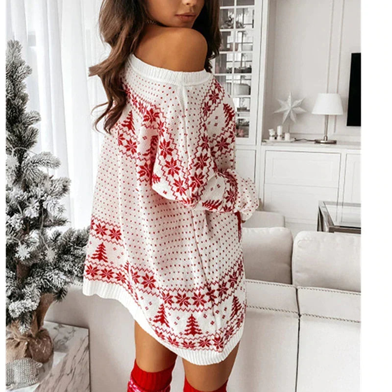 Czerwony sweter damski z odkrytymi ramionami na Boże Narodzenie