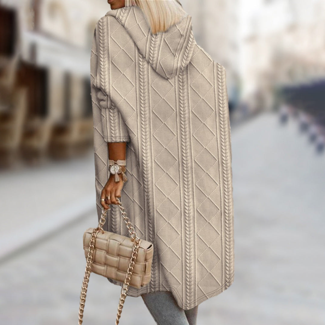 Kobiecy kardigan dzianinowy khaki z kapturem w stylizacji jesiennej casual