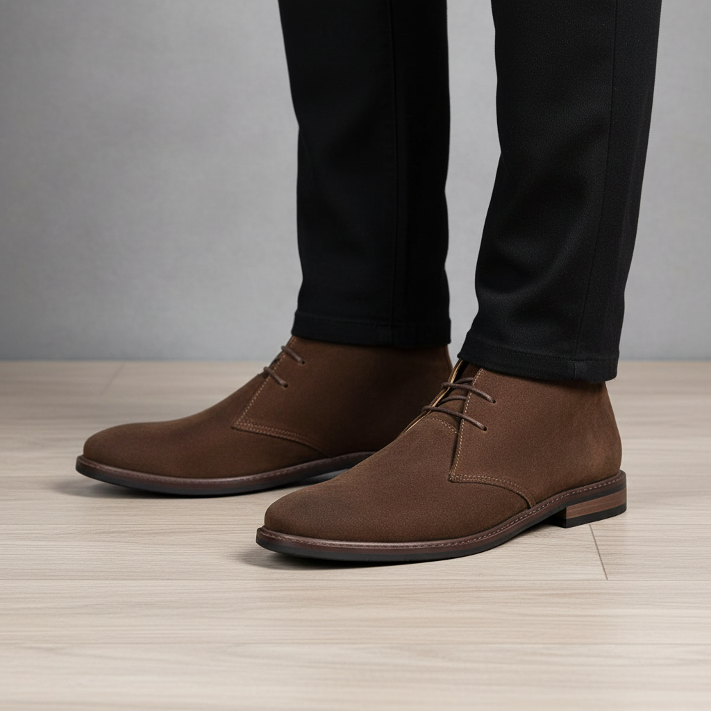 Męskie brązowe botki w stylu vintage zestawione z czarnymi spodniami