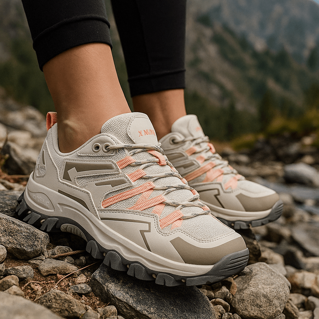 Damskie buty trekkingowe Ella w kolorze szarym fioletowym na kamienistym szlaku