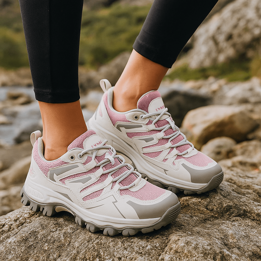 Damskie buty trekkingowe Ella w kolorze różowym szarym podczas marszu