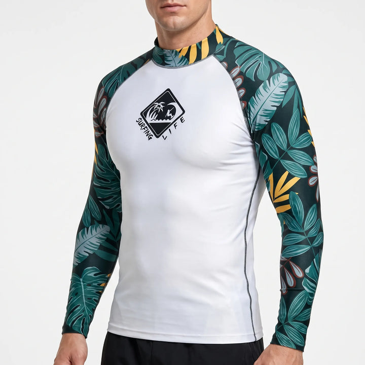 Rashguard męski z filtrem UV, zbliżenie na materiał i szwy, sporty wodne