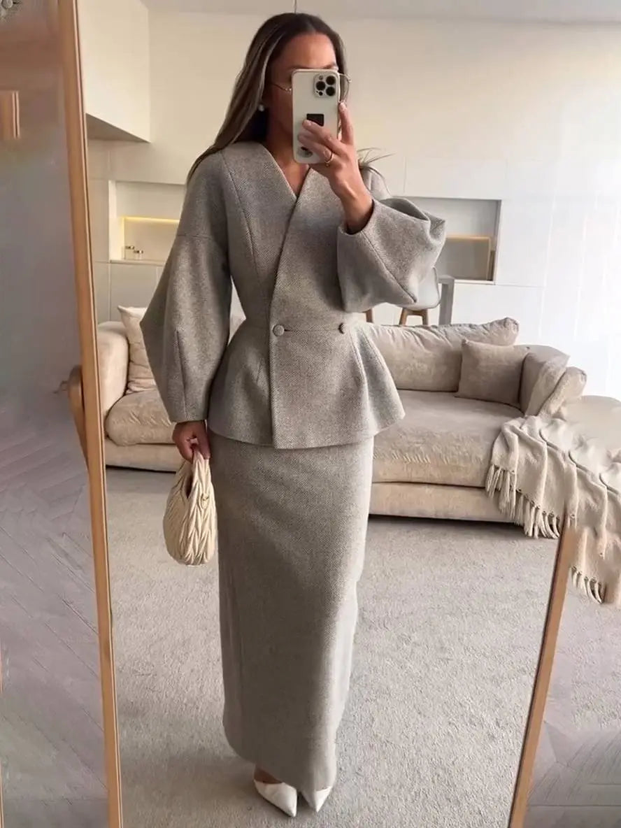 Morelowy modny zestaw damski, elegancki garnitur ze spódnicą