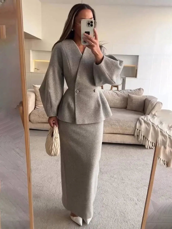 Morelowy modny zestaw damski, elegancki garnitur ze spódnicą