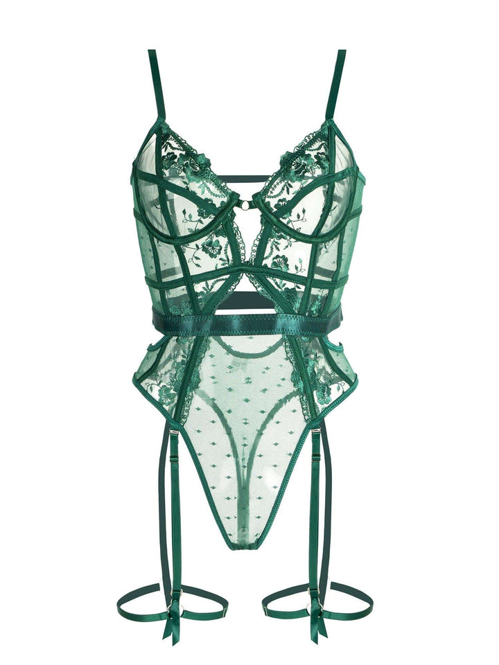 Szmaragdowe zielone body damskie z koronki, elegancka bielizna z podszewką