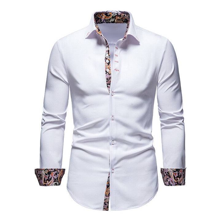 Męska biała koszula z eleganckimi akcentami paisley na kołnierzu i mankietach