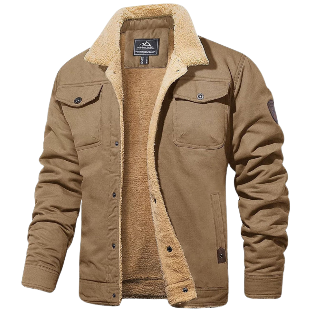 Khaki zimowa kurtka męska typu bomber w zbliżeniu