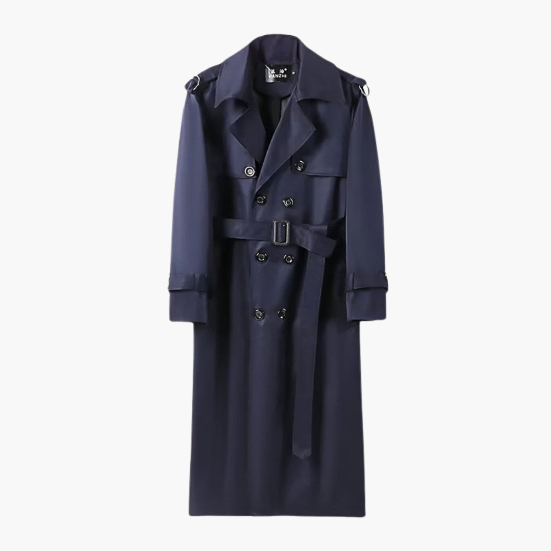 Męski elegancki płaszcz trench khaki za kolano z wiązanym paskiem, idealny na jesień i zimę