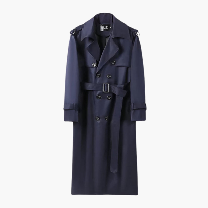 Męski elegancki płaszcz trench khaki za kolano z wiązanym paskiem, idealny na jesień i zimę