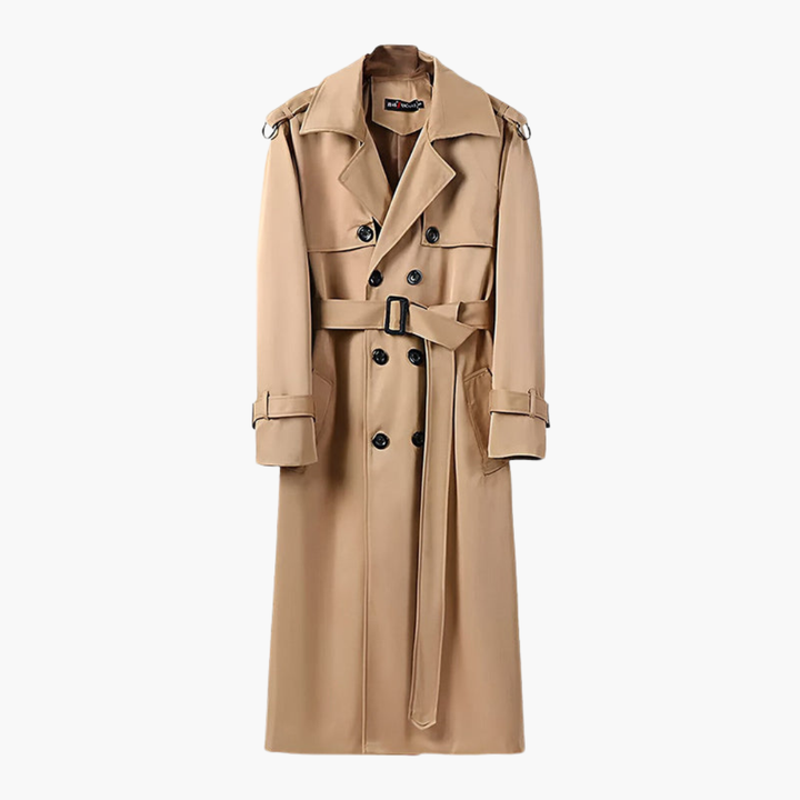 Widok z przodu na elegancki męski płaszcz trench