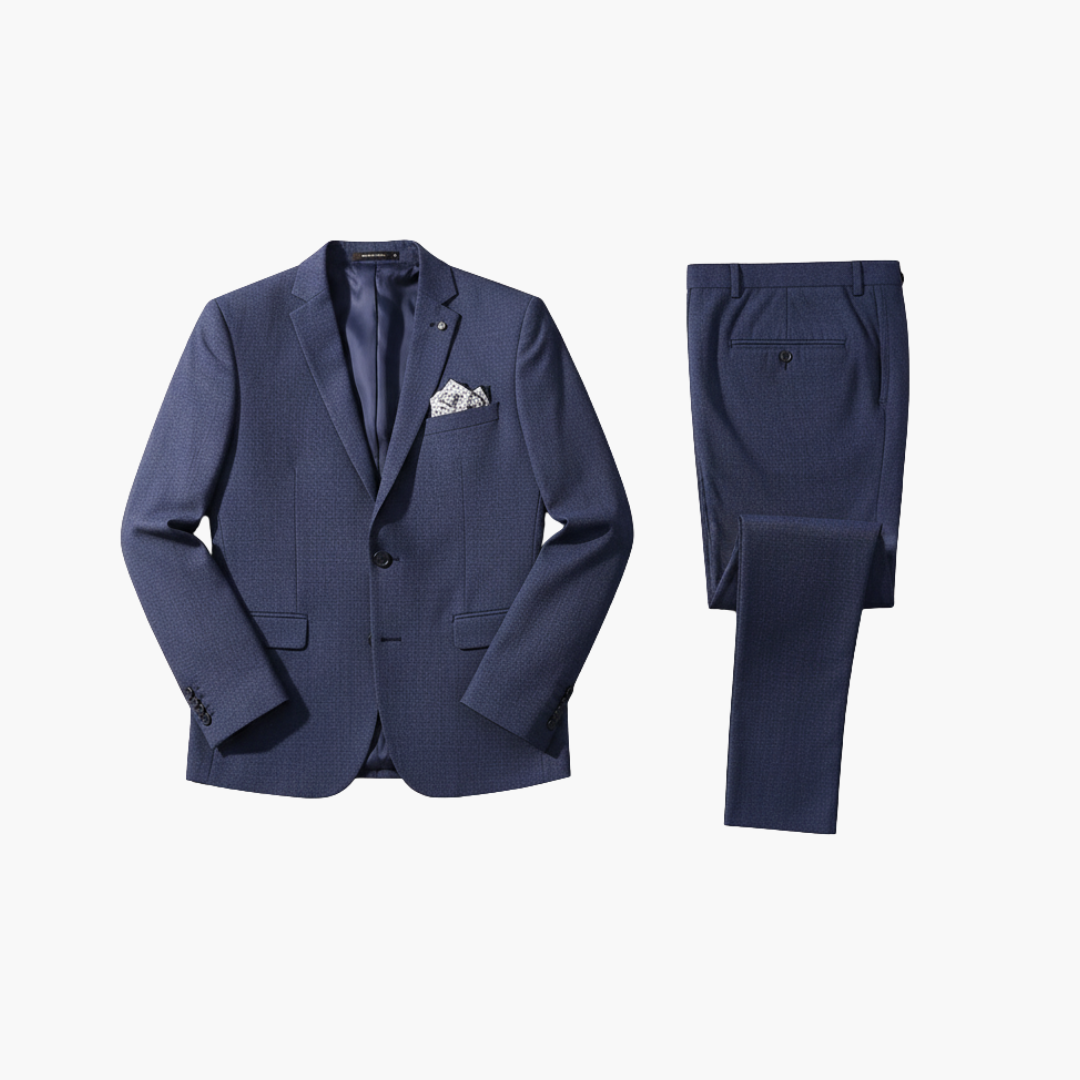 Granatowy męski garnitur slim fit prezentowany na płaskim ułożeniu