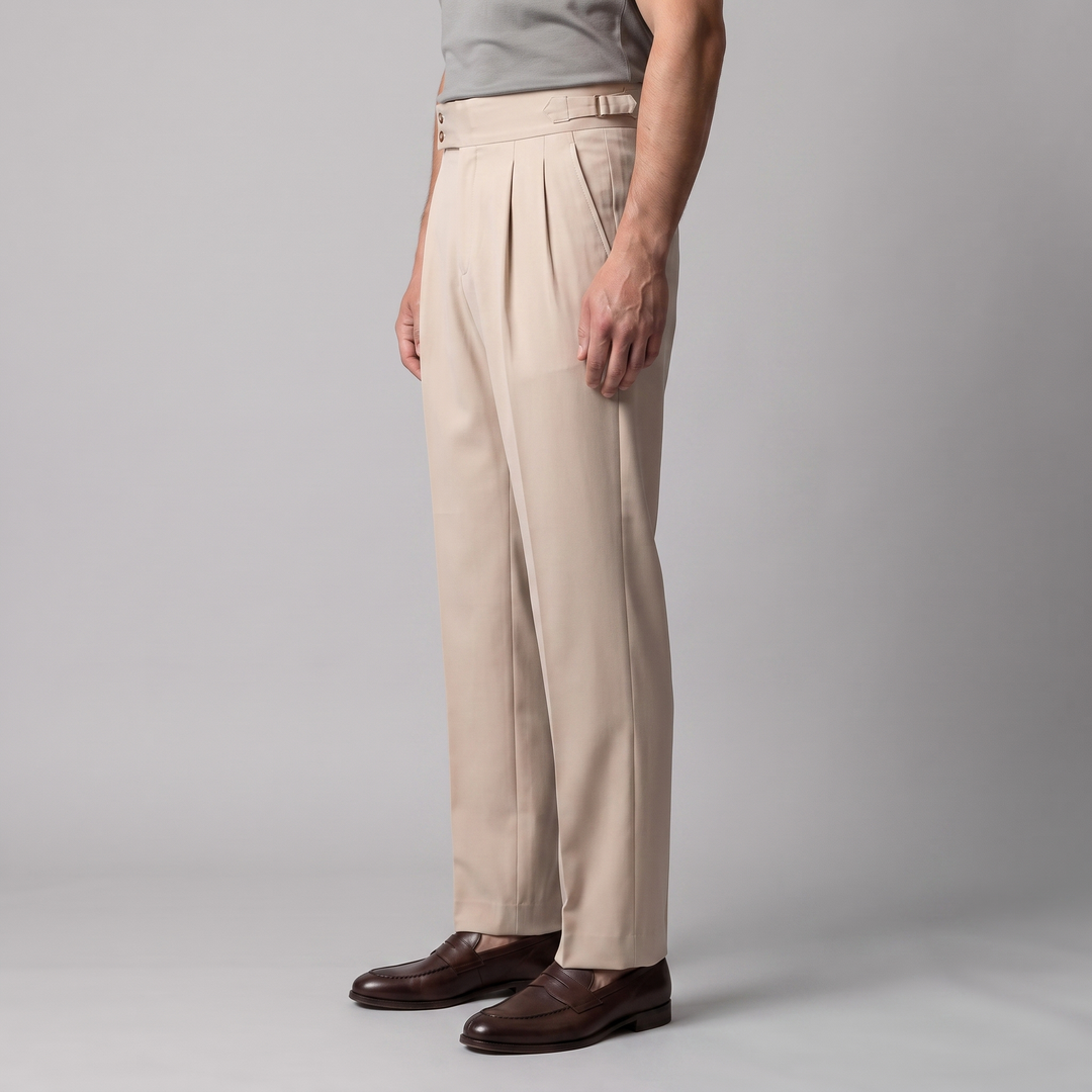 Detal wykonania czarnych męskich spodni smart-casual z wysokim stanem