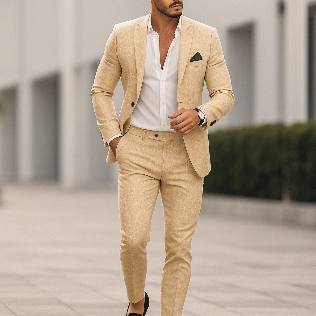 Mężczyzna w eleganckim beżowym garniturze slim fit z białą koszulą