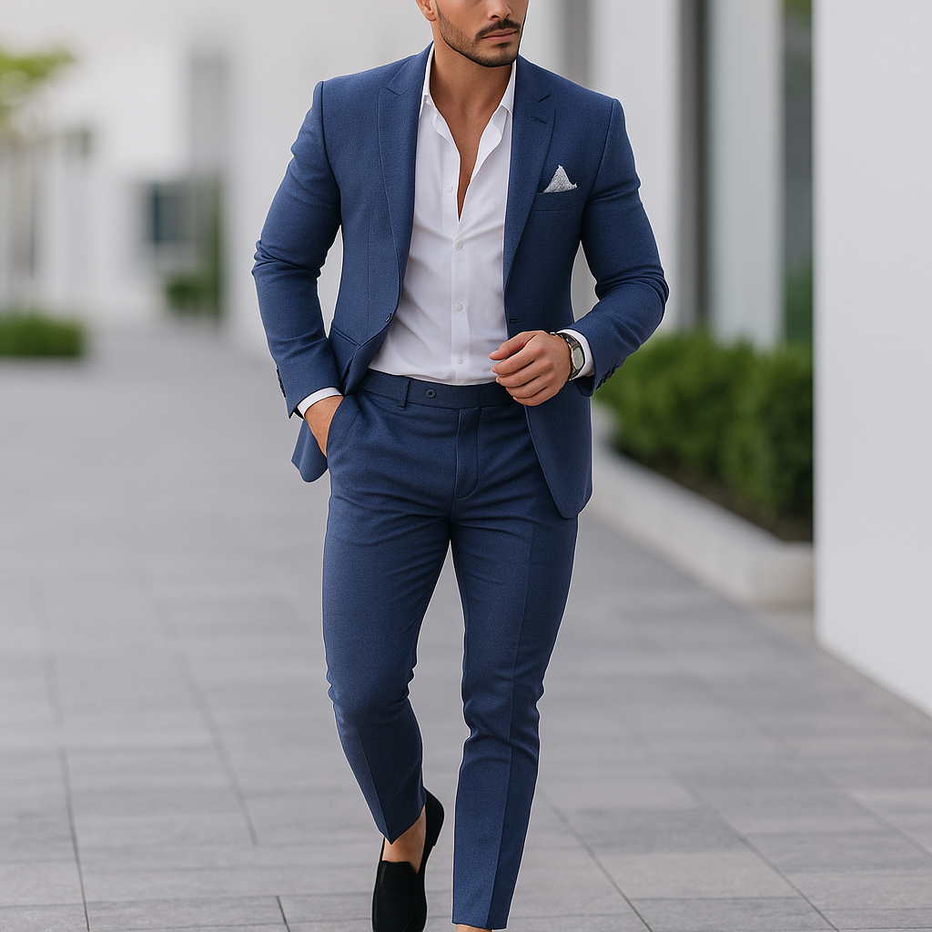 Stylowy garnitur biznesowy i ślubny slim fit, detal na guzik