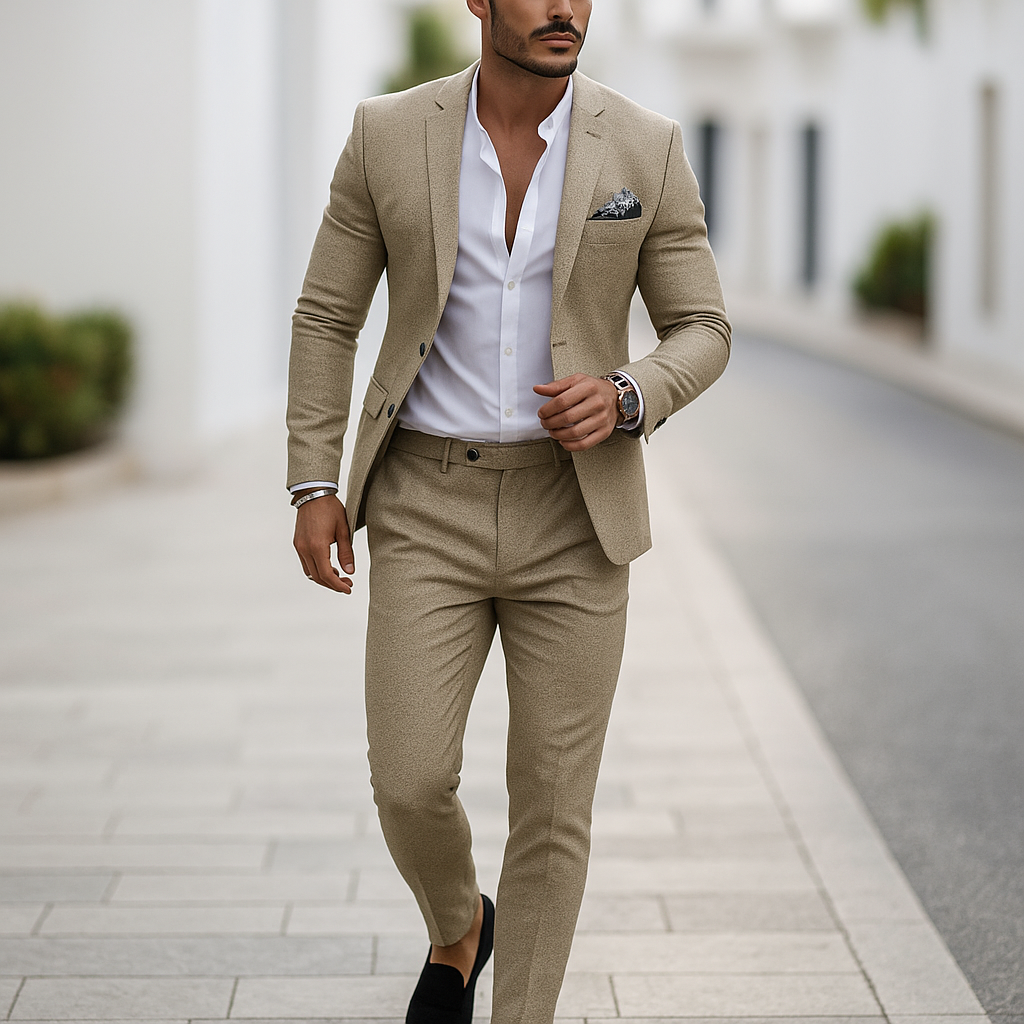 Czarny lub granatowy garnitur męski slim fit na sylwetce