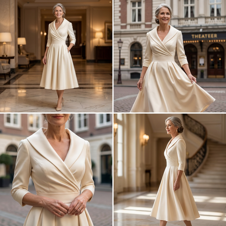 Wizytowa sukienka rozkloszowana z kieszeniami w eleganckiej stylizacji