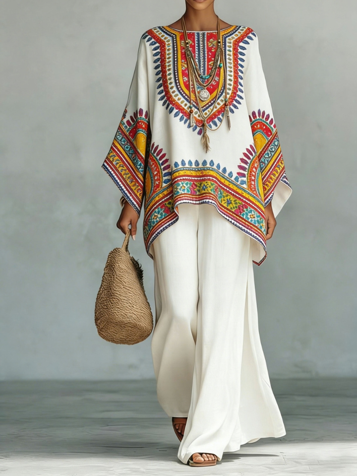 Elegancki komplet damski boho, haftowana tunika i spodnie, widok z przodu