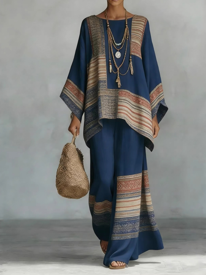 Luksusowy zestaw resortowy, elegancka tunika i spodnie dla kobiet, stylizacja