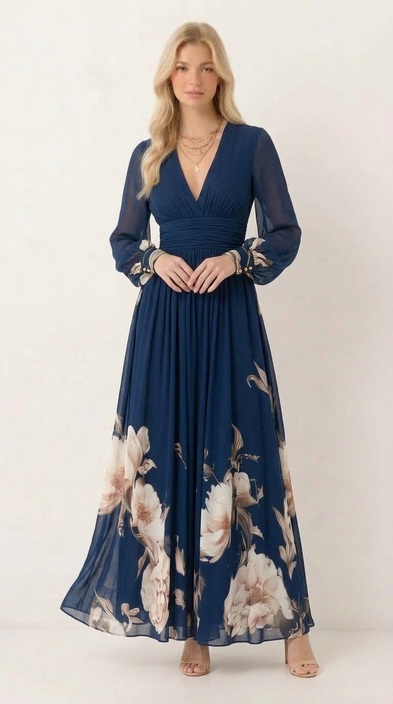 Modelka w eleganckiej granatowej sukience maxi z długim rękawem i motywem kwiatowym