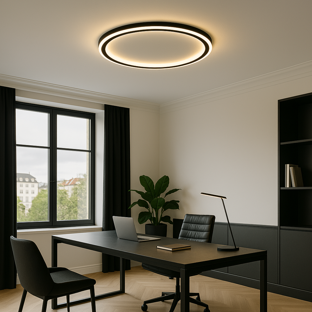 Energooszczędna lampa sufitowa LED zamontowana na białym suficie