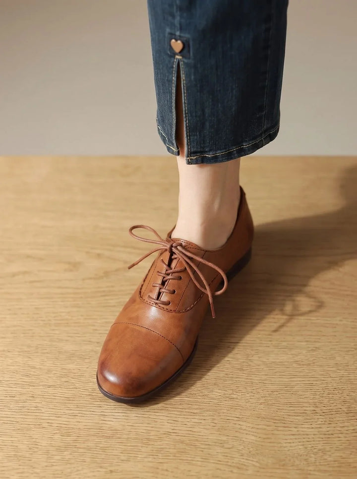 Brązowe damskie półbuty oxford Nina, eleganckie płaskie buty ze sznurowaniem